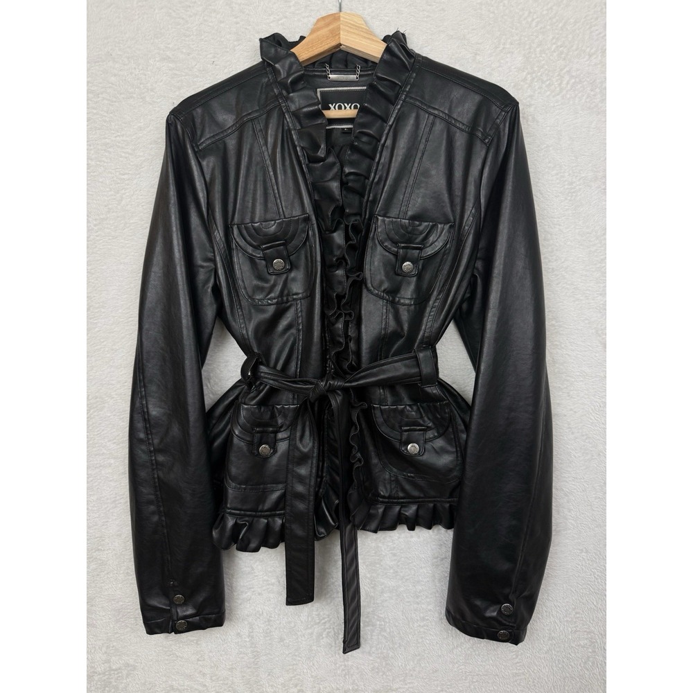 XOXO Black Faux Leather Ruffle Belted Cinched Waist Moto Jacket Y2K Indie Sleaze